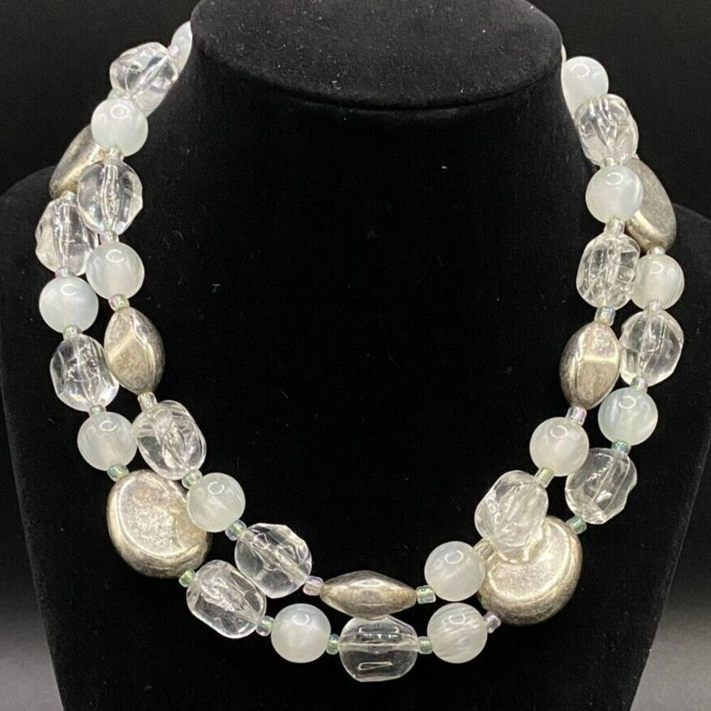 Chunky White, Clear & Silver Tone Plastic Bead Double Strand Necklace